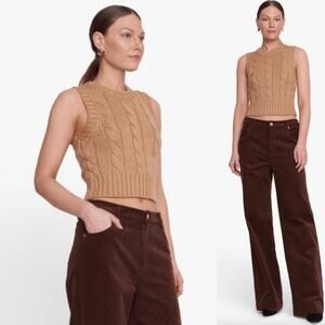 New Staud Pingo Sweater Vest Cropped Cable Knit Camel Tan XS Small Wool Tank Top